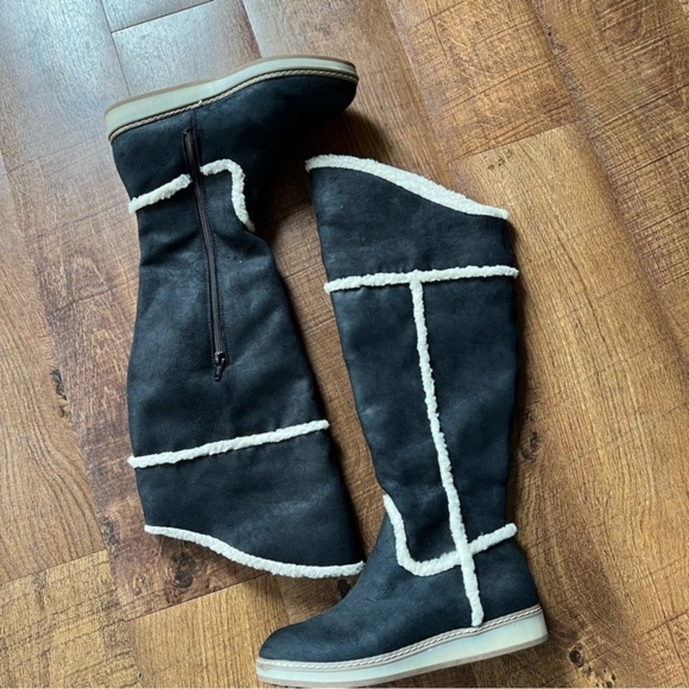 Nine West Deep Snow Black Fabric Microfiber and Sherpa Knee High Casual Boots